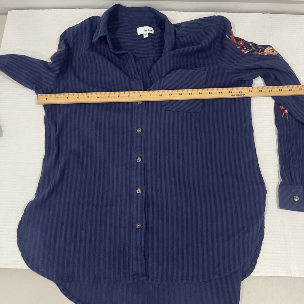 Sonoma Women L Embroidered Button Up Shirt Collared Cotton Gauzy Top Blue Tunic - Picture 6 of 10